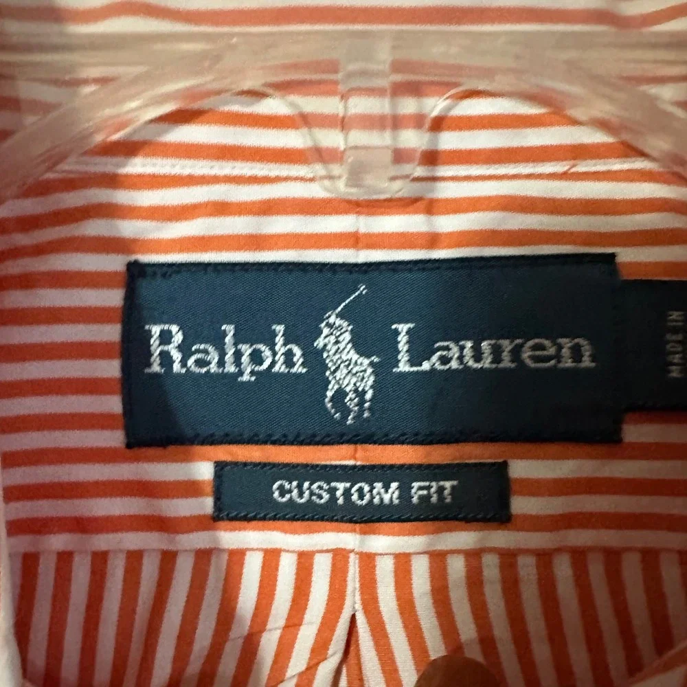 Ralph Lauren Custom Fit Mens Large Orange White Striped Button Down Shirt Cotton